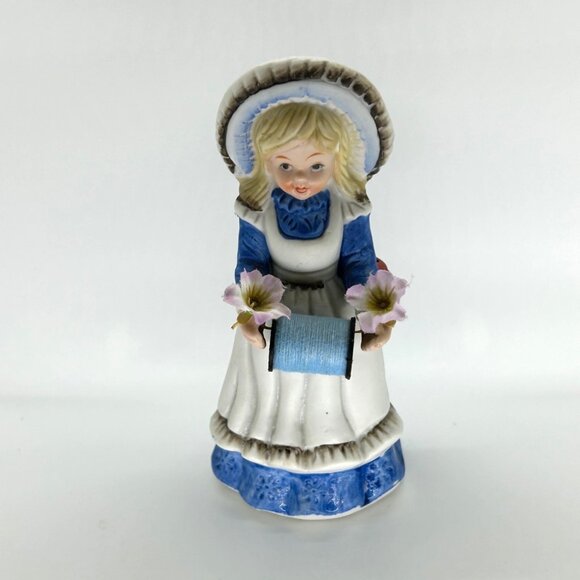 Vintage Pin Cushion Little Girl  Porcelain Holder With Thread Spool & Flowers - Picture 1 of 6